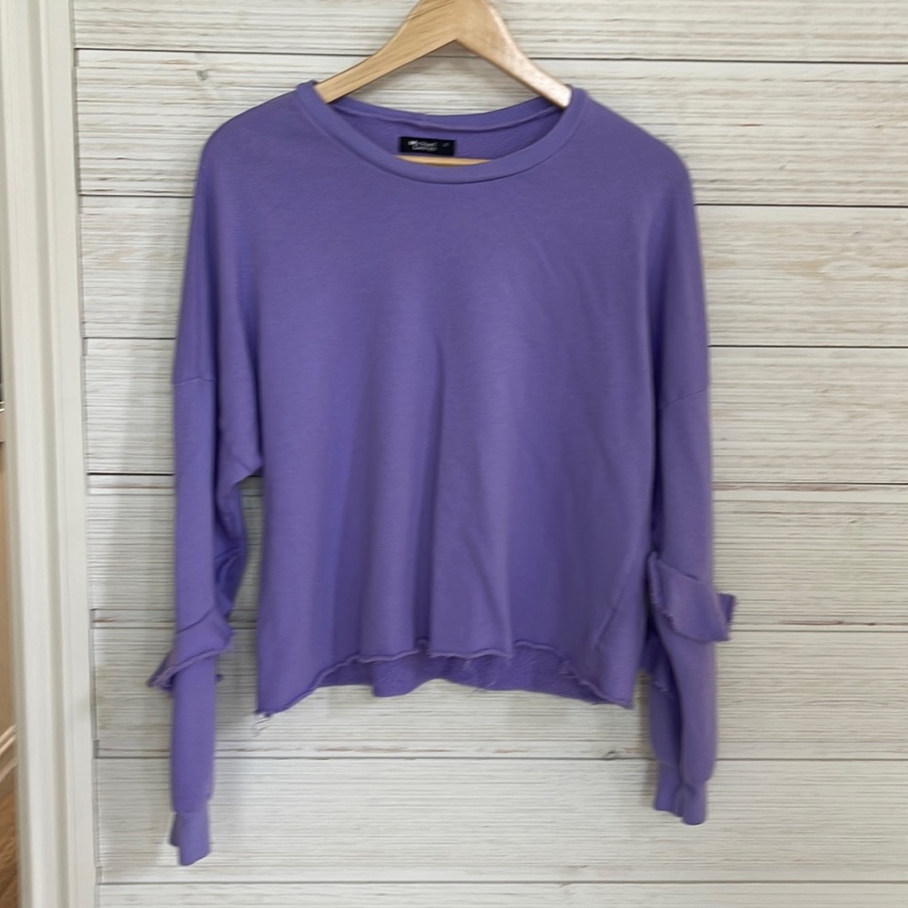 Michael Lauren distressed sweatshirt with ruffle details on arms